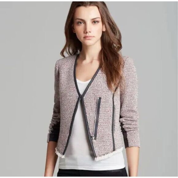 Rebecca Taylor cotton blend Front Zip Fringe Trim Tweed Jacket Red Combo Size 2 - Picture 2 of 9